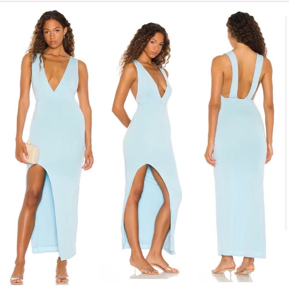 Superdown Baby Blue Erika Deep V Jersey Leg Slit Maxi Dress
